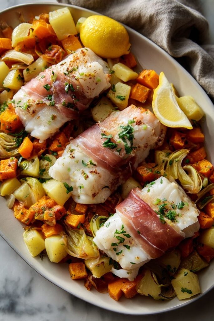 Prosciutto Roasted Bass With Autumn Vegetables